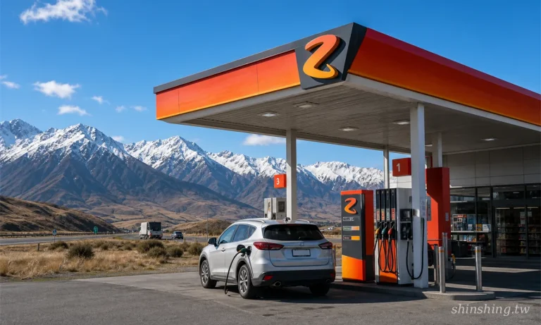 紐西蘭南島公路旁 Z Energy 加油站，背景是南阿爾卑斯山脈雪山